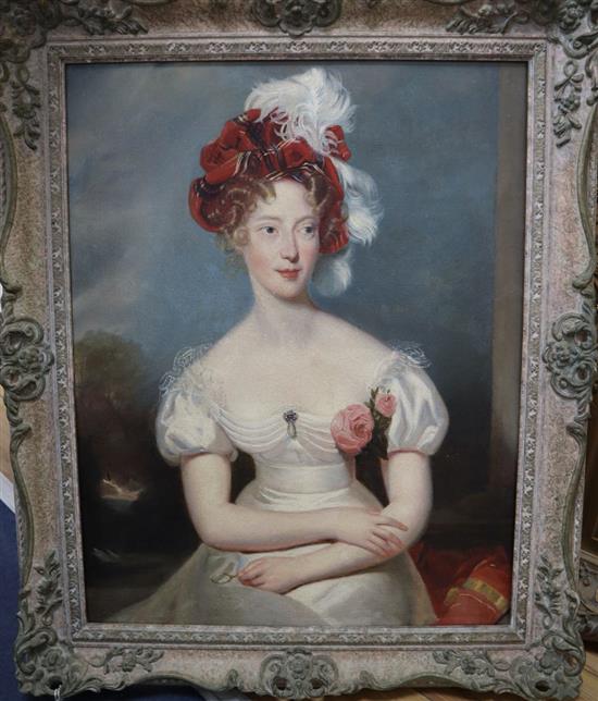 19th century English School, oil on canvas, Portrait of a lady wearing a white dress and tartan bonnet, 59 x 46cm